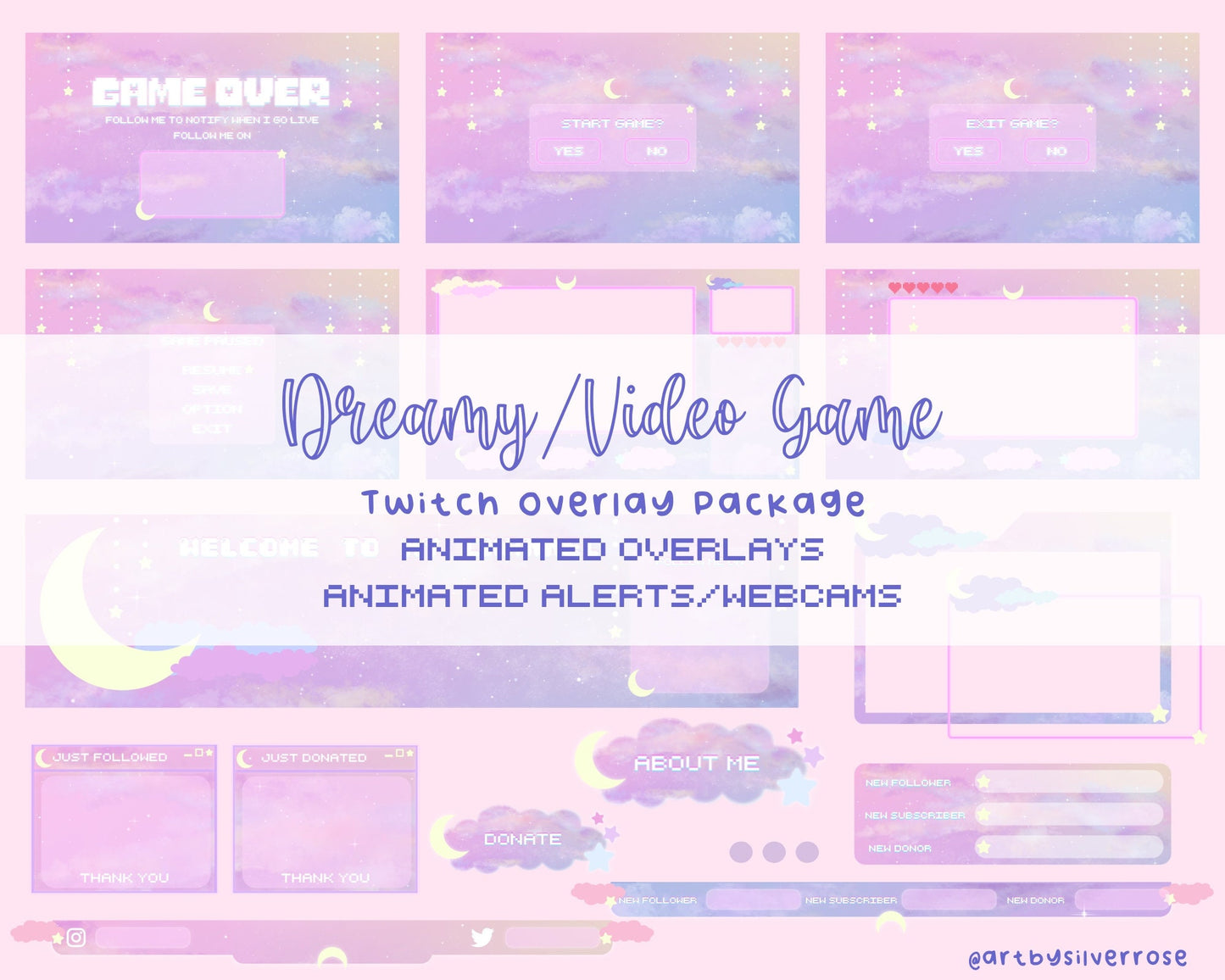 Animated Twitch Overlay Package: Dreamy Video Game | Starry Cloud | Moon aesthetic