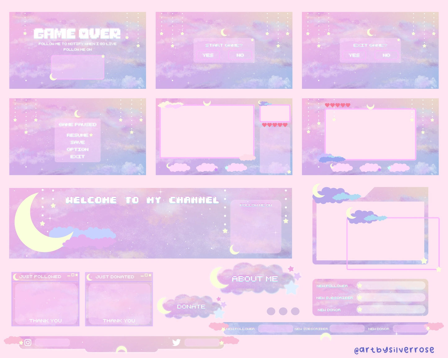 Animated Twitch Overlay Package: Dreamy Video Game | Starry Cloud | Moon aesthetic